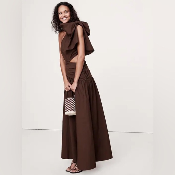 stretch cotton poplin one shoulder drop waist maxi dress Stretch Cotton Poplin One Shoulder Pleated Maxi Dress With Pockets